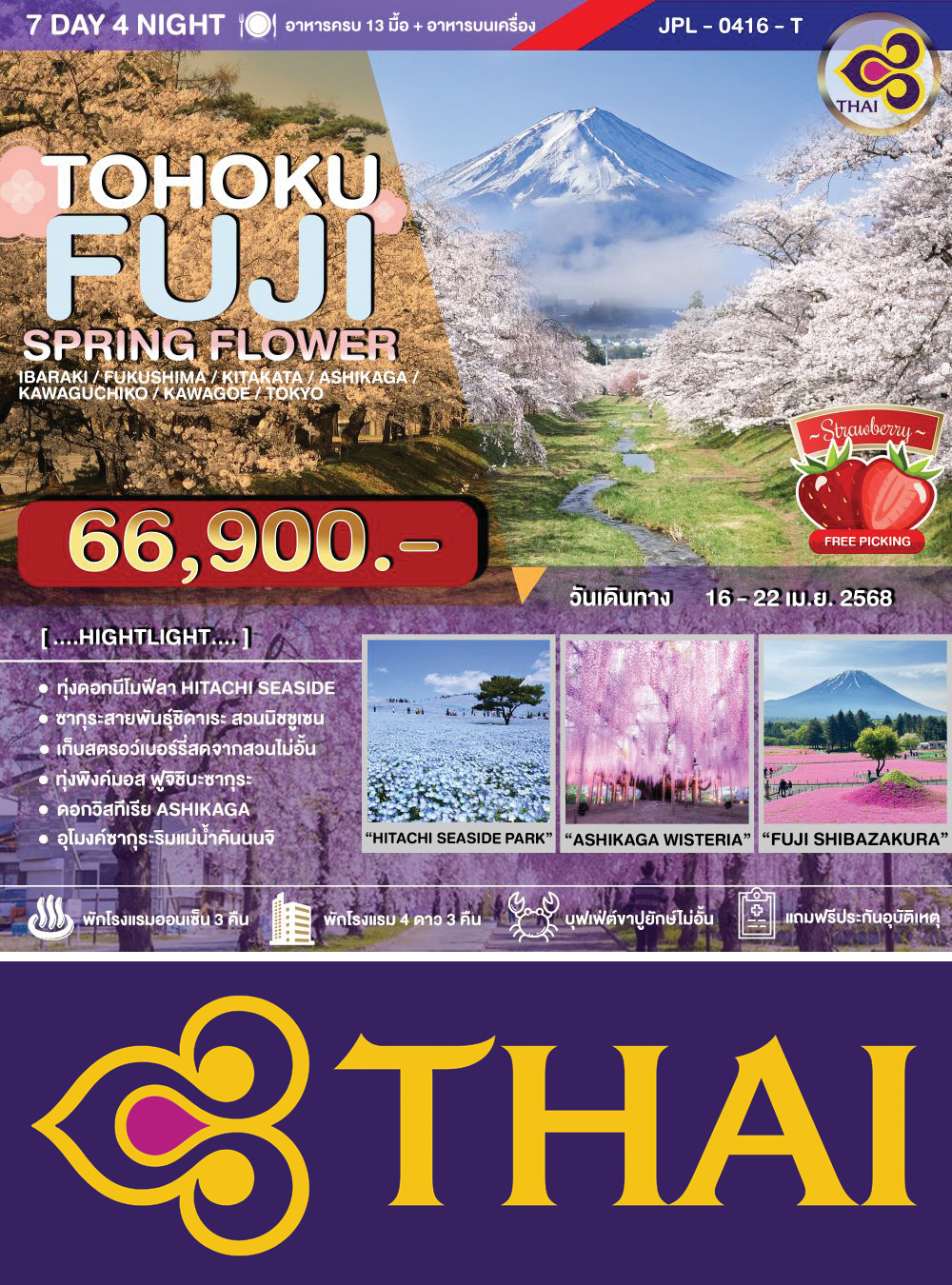 ทัวร์ TOHOKU FUJI SPRING FLOWER 7D4N (HND-HND/TG) อิบารากิ-ฟุกุชิมะ-คิตะคาตะ-อาชิคางะ-คาวากุจิโกะ-คาวาโกเอะ-โตเกียว 7วัน4คืน